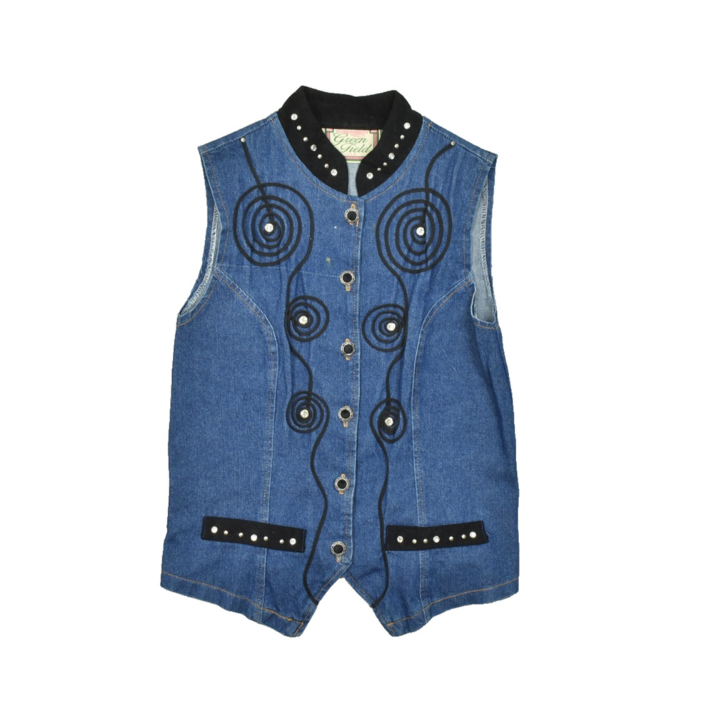 Green Field USA Women Medium Blue Denim Vest Embellished Spiral Cord Rhinestone